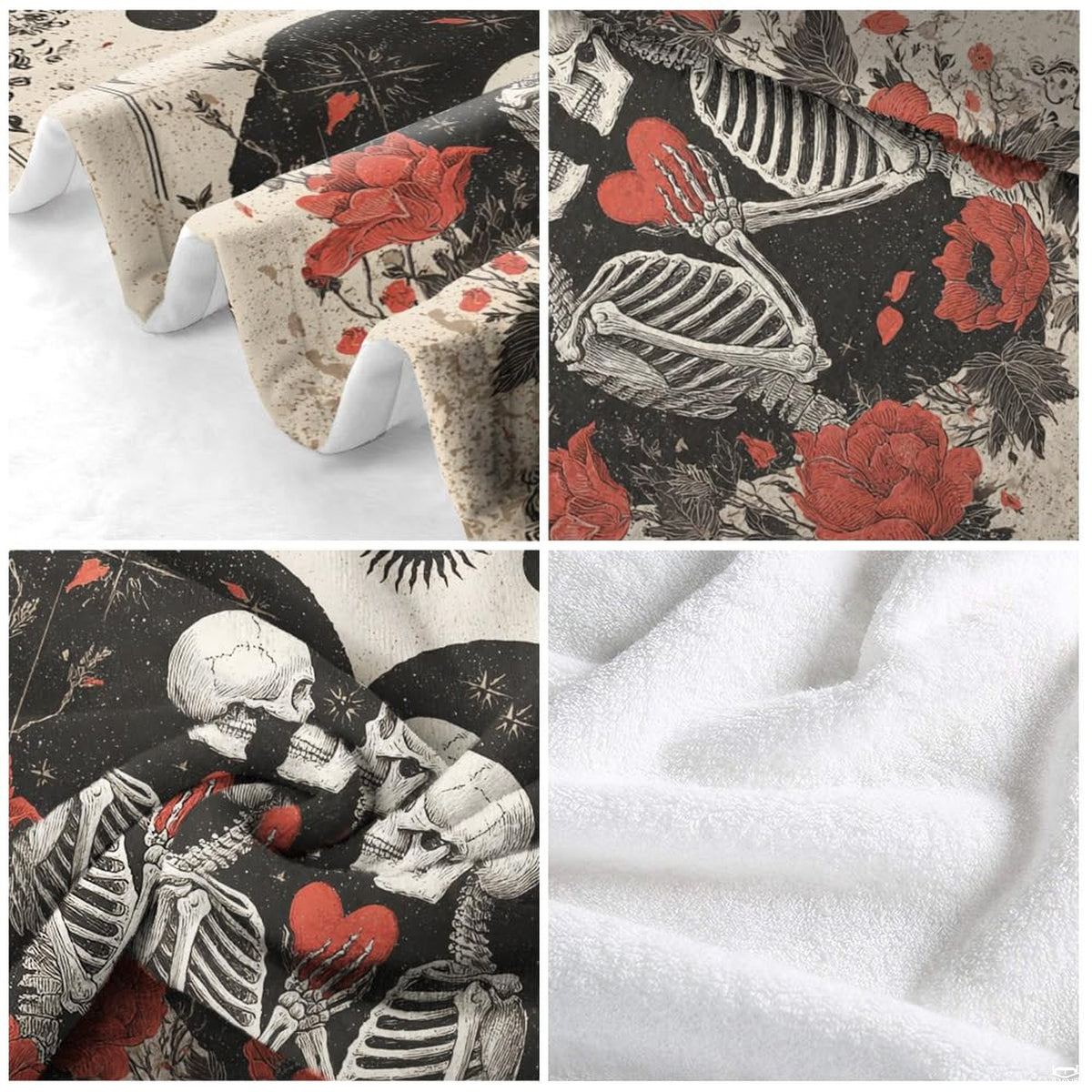 Artistic detail of scarlet botanical accents and celestial sun imagery across dark romantic bedding decor.