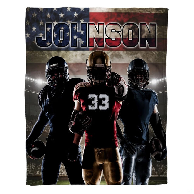 Patriotic football throw blanket view 2 highlighting gridiron athletes, American flag, and arena floodlights