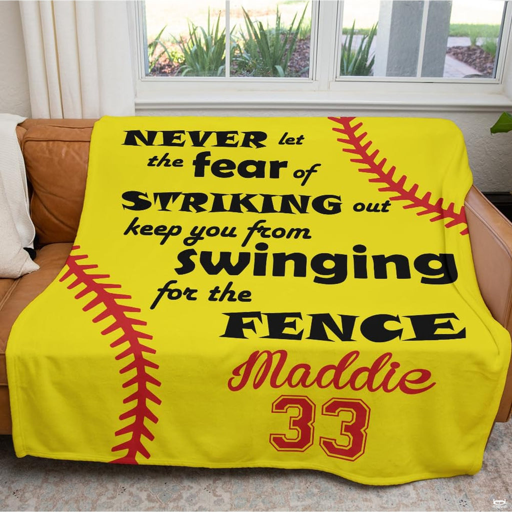 Feature graphic outlining print clarity, durable finish, and colorfast tones of inspirational softball throw blanket