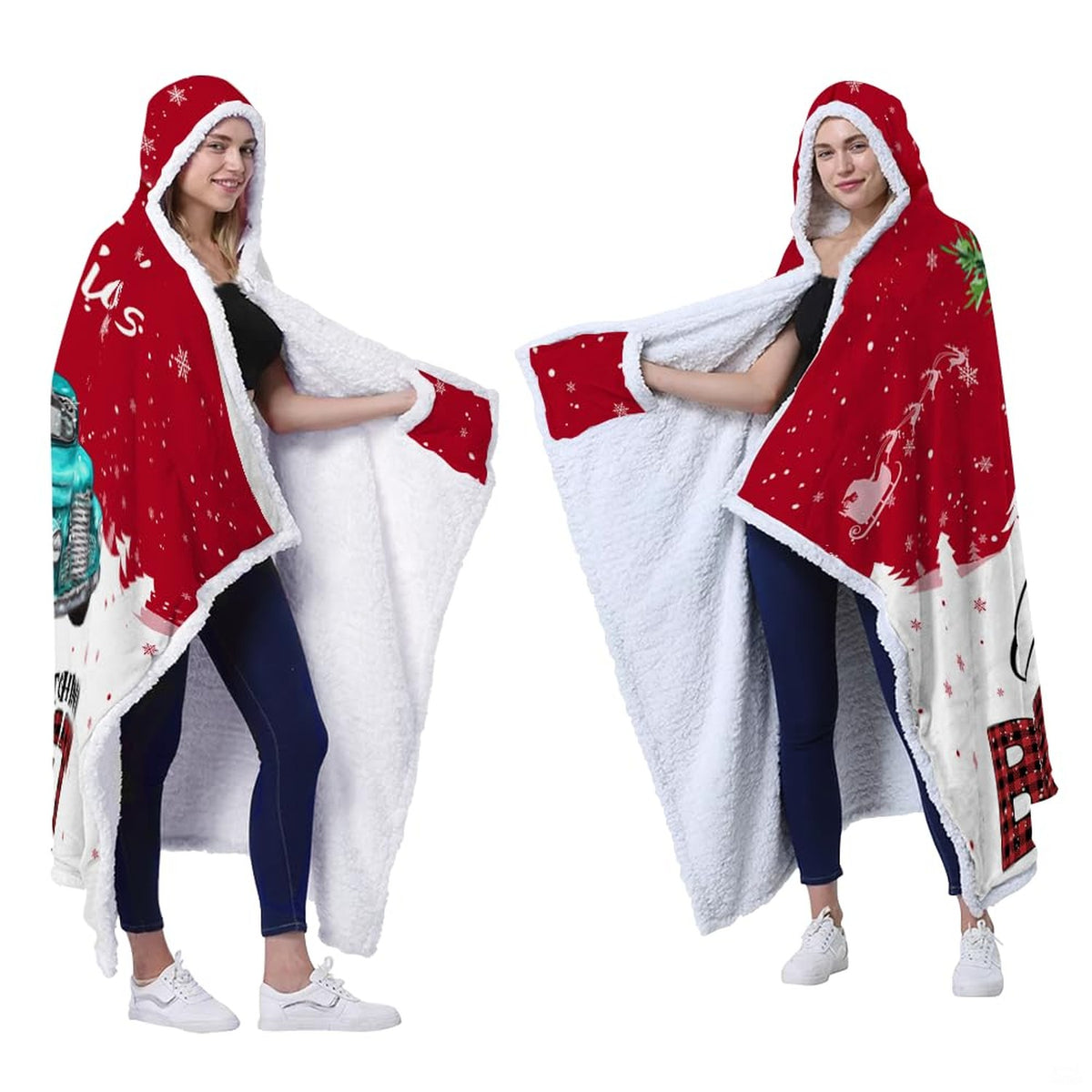 Holiday bedding set styled on a modern bed surrounded by seasonal winter greenery.