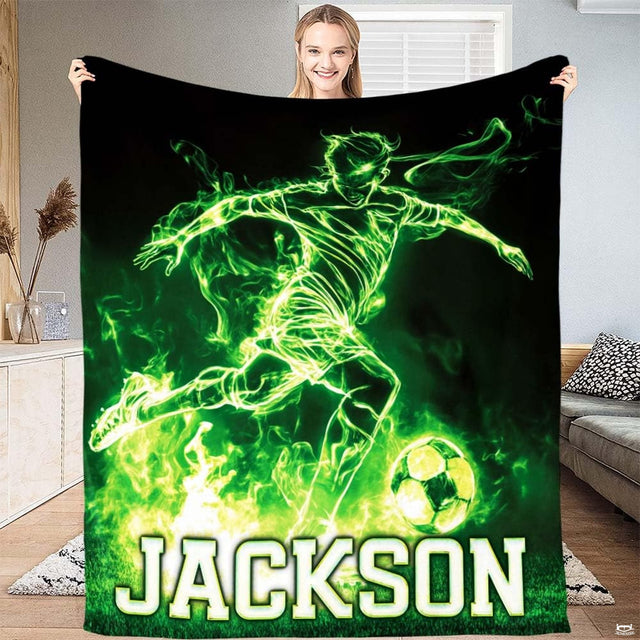 Electric neon soccer athlete striker art blanket held up by woman