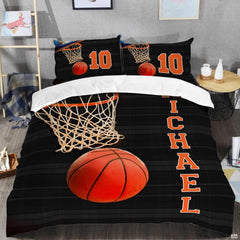 Close-up perspective of basketball bedding showing detailed white braided net cords and orange rim