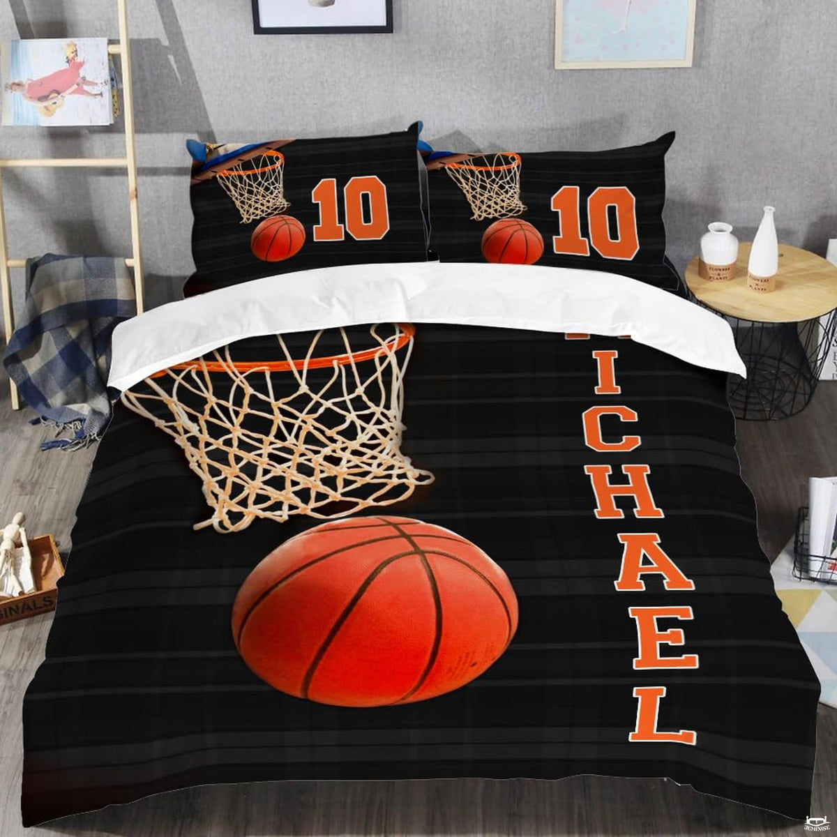 Close-up perspective of basketball bedding showing detailed white braided net cords and orange rim
