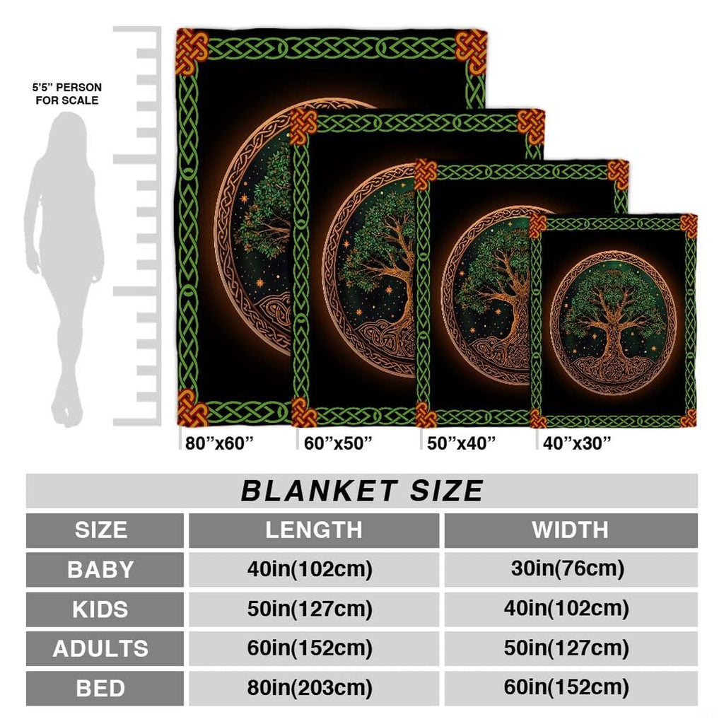 Celtic Tree of Life knotwork throw blanket arranged across contemporary bed in rustic bedroom