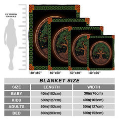 Celtic Tree of Life knotwork throw blanket arranged across contemporary bed in rustic bedroom