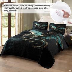 Bedroom view of teal flying dragon against black background