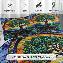 Nature Tree of Life Quilt Set with Stained Glass Pattern And Bedroom