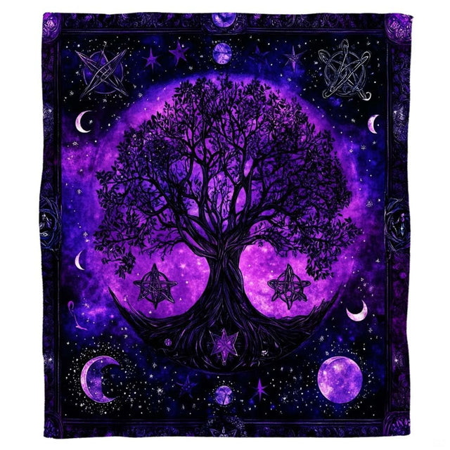 Purple celestial tree of life moon phase pagan blanket showing lunar design view 2