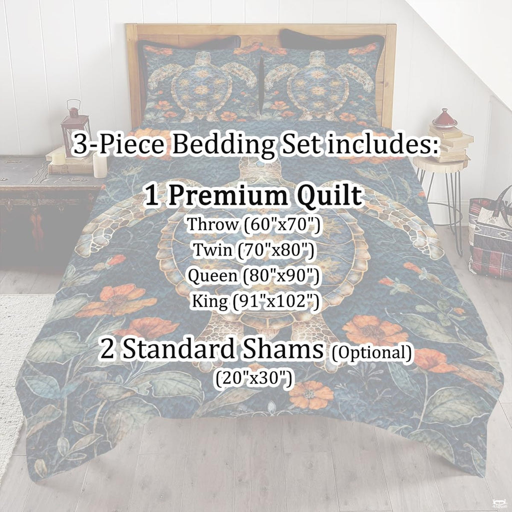Full bedroom display of terracotta ocean sea turtle bedding styled with coastal room decor