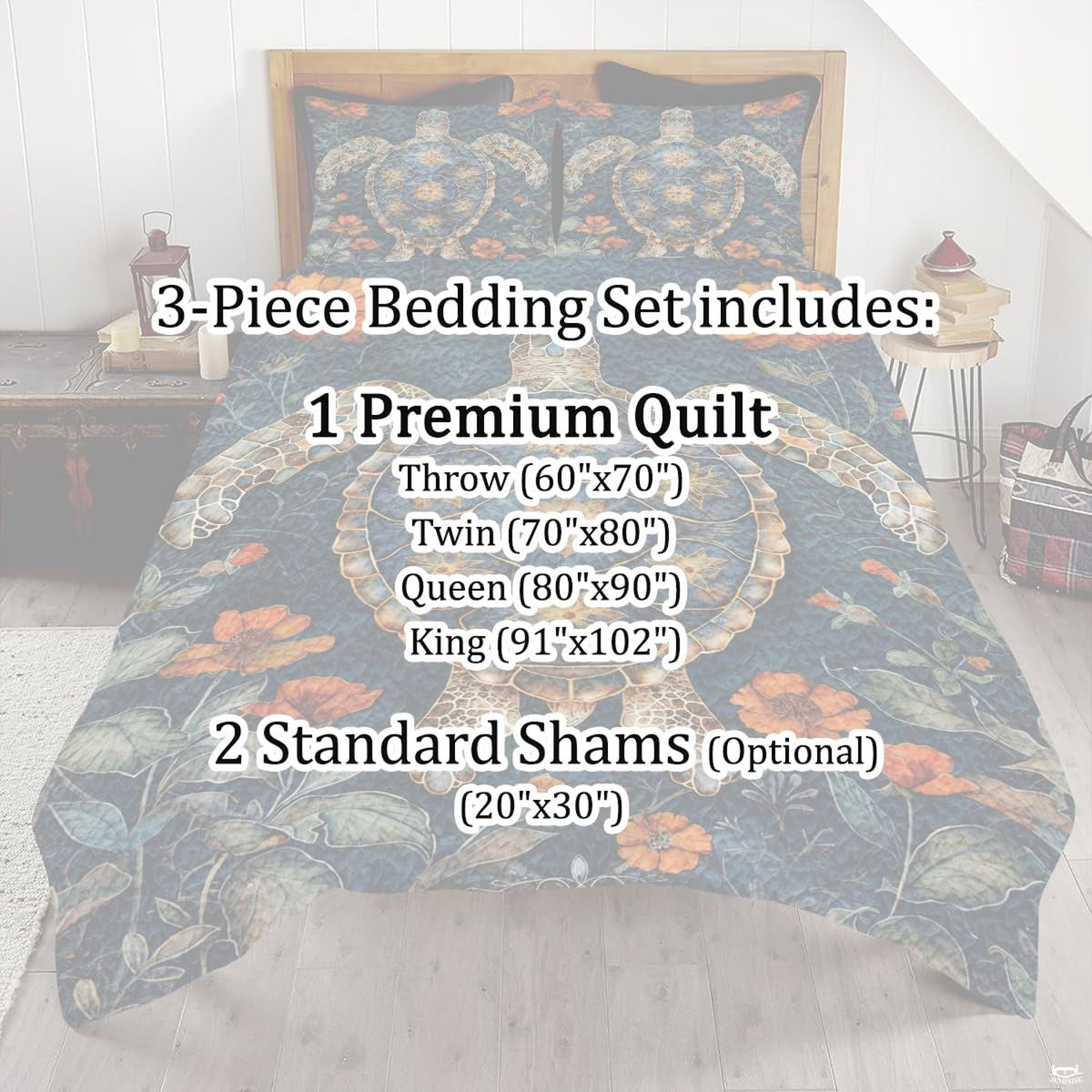 Full bedroom display of terracotta ocean sea turtle bedding styled with coastal room decor