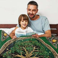Close view of Yggdrasil braided roots and lush foliage on the circular bed set.