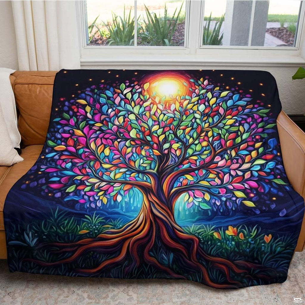 Canary yellow, magenta, and turquoise tree of life motif displayed on bedding