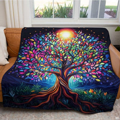 Canary yellow, magenta, and turquoise tree of life motif displayed on bedding