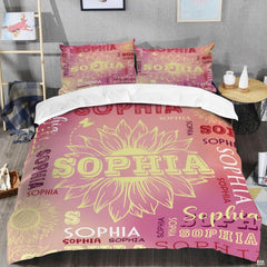 Close-up view of unicorn bedding highlighting ornate mythical creature silhouette and dusty rose blossoms