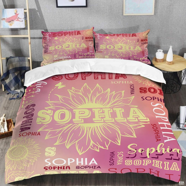 Close-up view of unicorn bedding highlighting ornate mythical creature silhouette and dusty rose blossoms