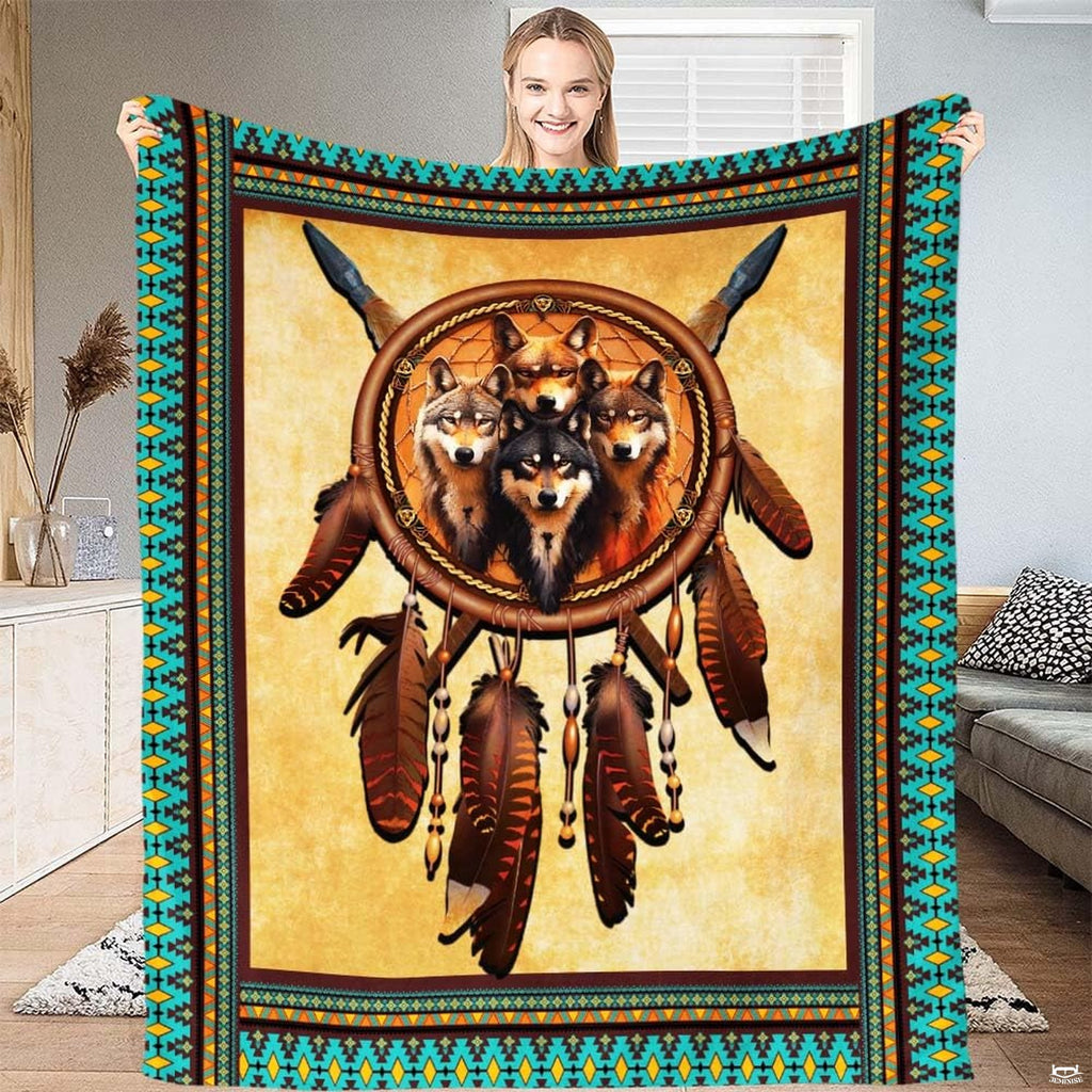Rustic wildlife bedding set featuring a wolf pack dreamcatcher and southwestern geometric borders.