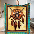 Rustic wildlife bedding set featuring a wolf pack dreamcatcher and southwestern geometric borders.