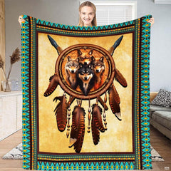 Rustic wildlife bedding set featuring a wolf pack dreamcatcher and southwestern geometric borders.