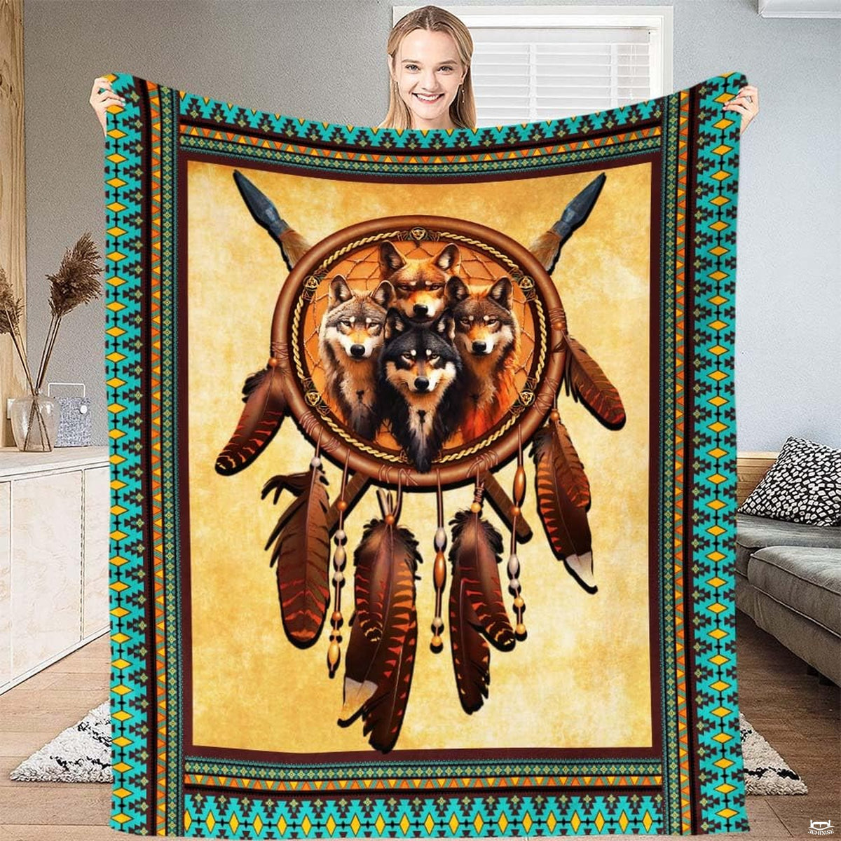 Rustic wildlife bedding set featuring a wolf pack dreamcatcher and southwestern geometric borders.