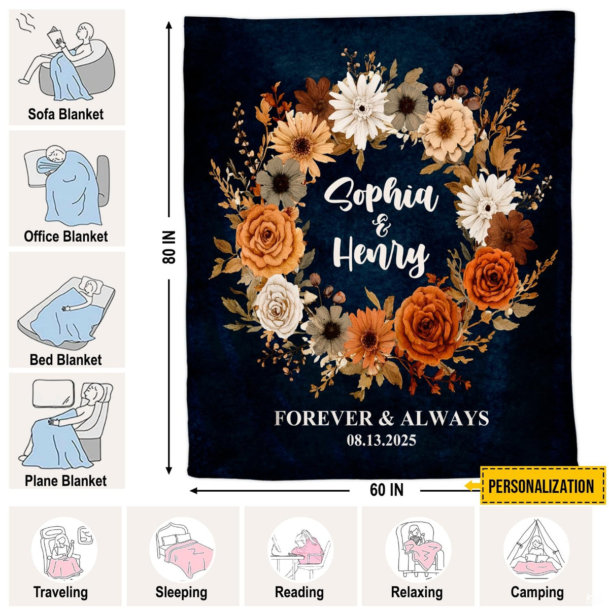Close up of autumn floral wreath throw blanket displaying deep navy background and botanical textures