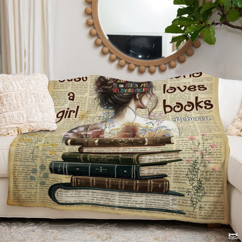 Personalized Books in Bun Girl Reading on Antique Books Throw Blanket
