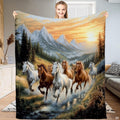 Scenic wildlife painting depicting wild horses galloping through a mountain river under a golden sunrise.