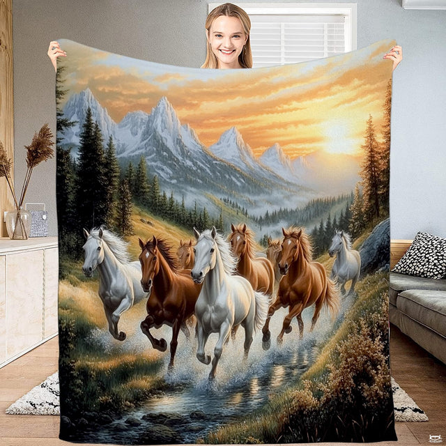 Scenic wildlife painting depicting wild horses galloping through a mountain river under a golden sunrise.
