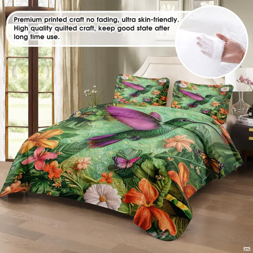 Hummingbird butterfly bedding in a softly lit bedroom