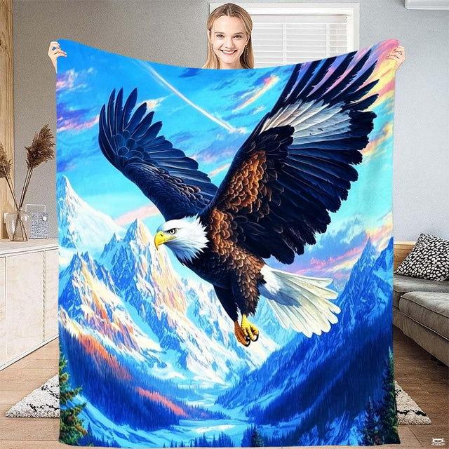 Majestic bald eagle soaring above snow-capped mountain peaks on bald eagle bedding set.