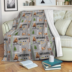 Detailed print of woodland creatures, hunting rifles, and pine branches for rustic bedroom styling.