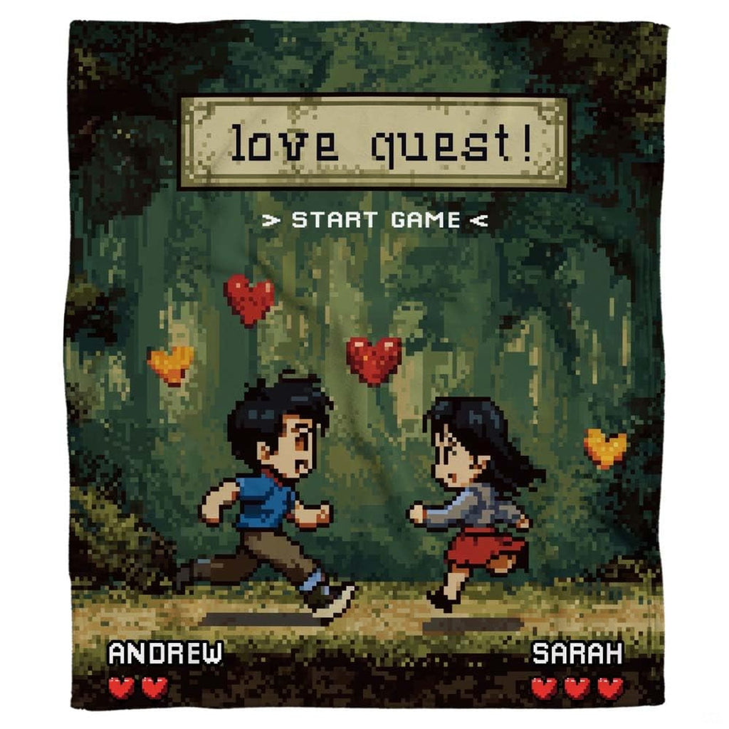 16-bit pixel art couple running on forest path with floating hearts, view 2.