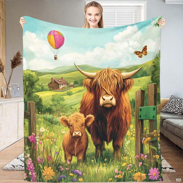 Pastoral painting of Highland cow and calf in wildflower field with hot air balloon, view 1.