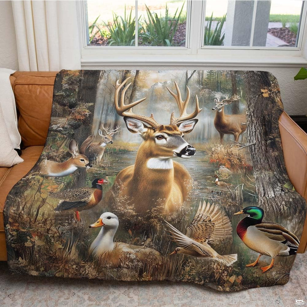 Woodland animal deer throw blanket draped smoothly over an indoor sofa