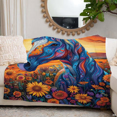 Woman holding open psychedelic blue horse sunflower throw blanket in bright sunny room