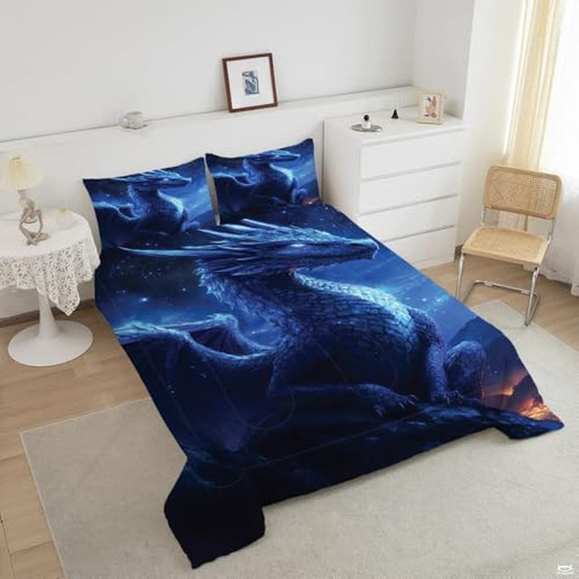 Angled bedroom view highlighting celestial blue dragon bedding with matching printed pillow shams.