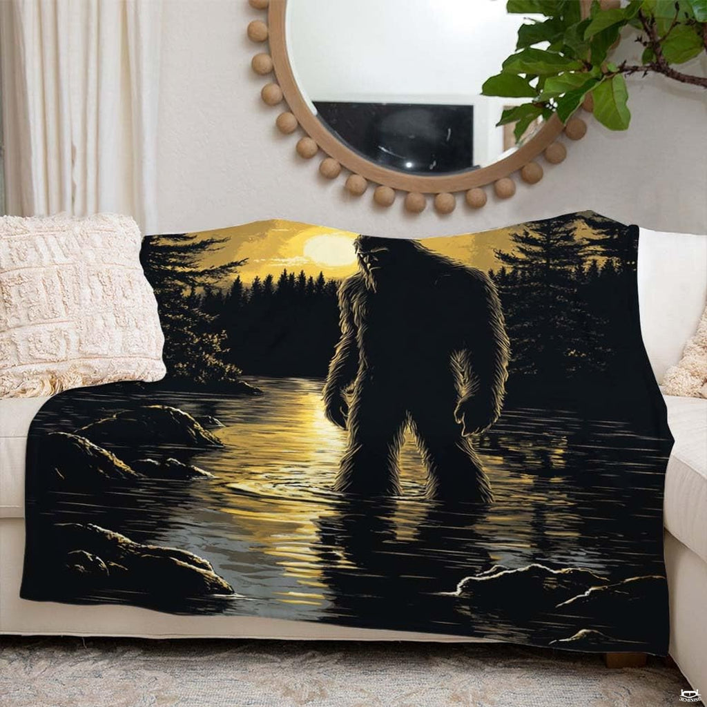 Decorative Sasquatch forest scene highlighting rich ochre reflections and tree line silhouettes.