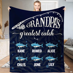 Fishing rod and reel with swimming blue fish illustrations graphic print on Blanket.