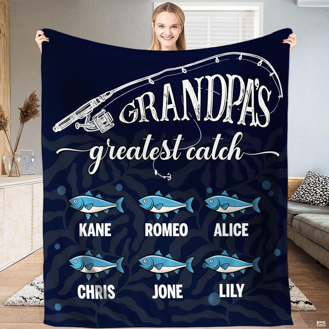 Fishing rod and reel with swimming blue fish illustrations graphic print on Blanket.