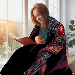 Crimson dragon gothic cross throw blanket draped gracefully over a living room sofa.