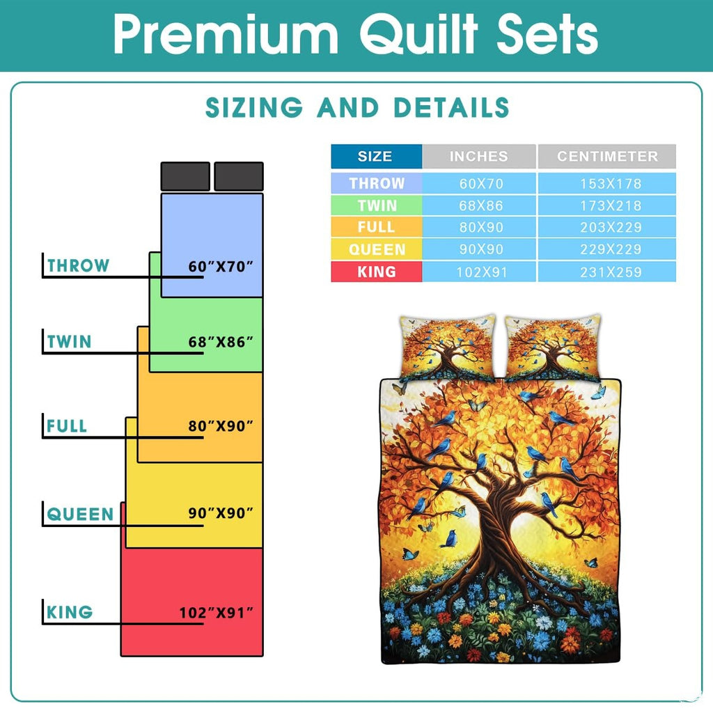 Personalized Autumn Tree of Life Birds & Flowers Quilt Sets