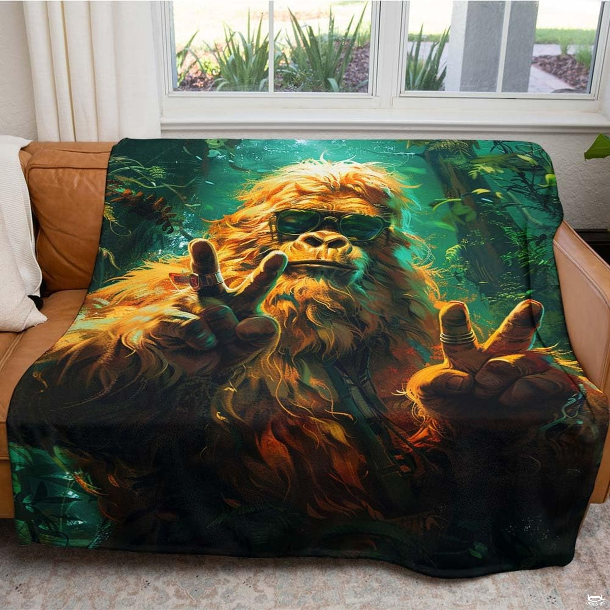 Bedroom styled with groovy Bigfoot sunglasses throw blanket displayed across rustic bedding