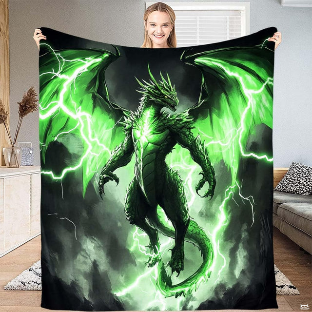 Close-up view of green lightning dragon throw blanket highlighting armored scales and electric lime lightning.
