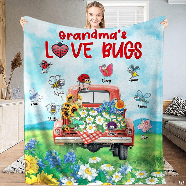 Whimsical bedding set featuring playful cartoon bug characters over pastel green and sky blue backdrop.
