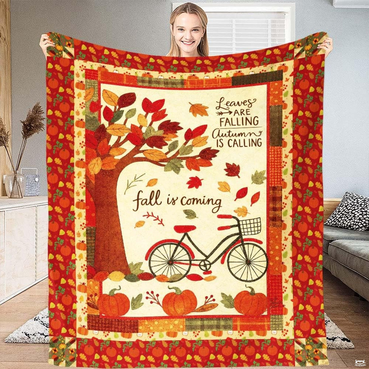 Autumn harvest bicycle throw blanket view 2 highlighting countryside artwork, pumpkins, and rustic border