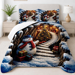 thematic accent view of festive winter holiday bedding set showcasing cheerful snowman art in an illuminated bedroom setting.