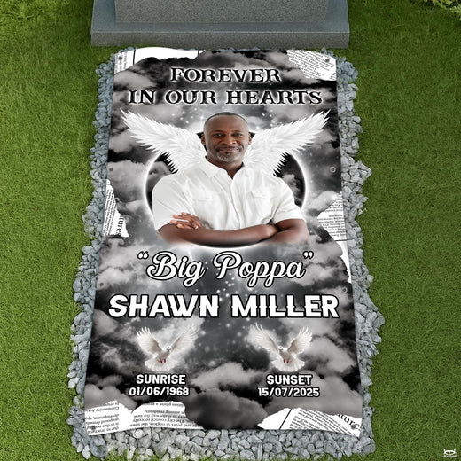 Memorial banner design bedding set featuring angel wings and flying doves across cloudscape.