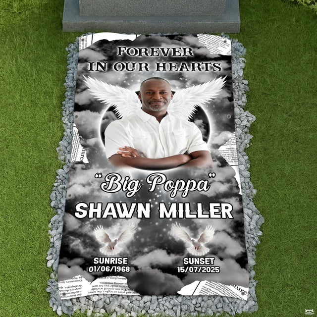Memorial banner design bedding set featuring angel wings and flying doves across cloudscape.