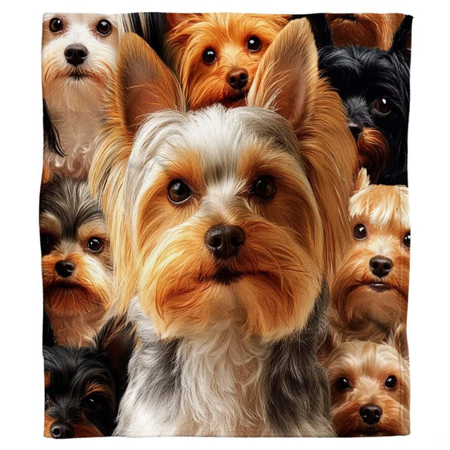 Yorkshire Terrier bedding set featuring a collage of detailed dog portraits in golden tan and silver tones.