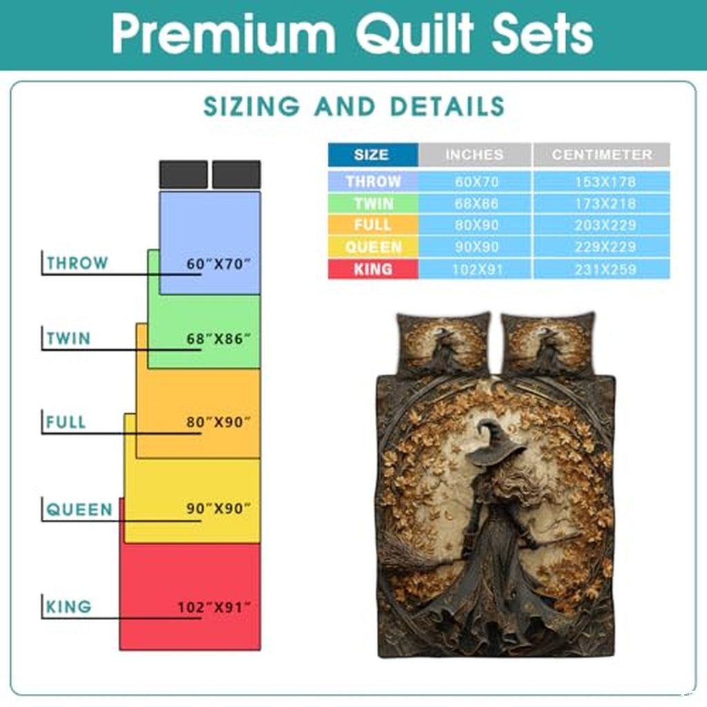 Witch Throw Quilt Set – Vintage Gothic Style Fall Bedspread for Autumn Bedroom Decor, Halloween Witch Bedding, Magical Patchwork Pattern, Soft Lightweight Twin, Full, Queen Sizes (Color 16)