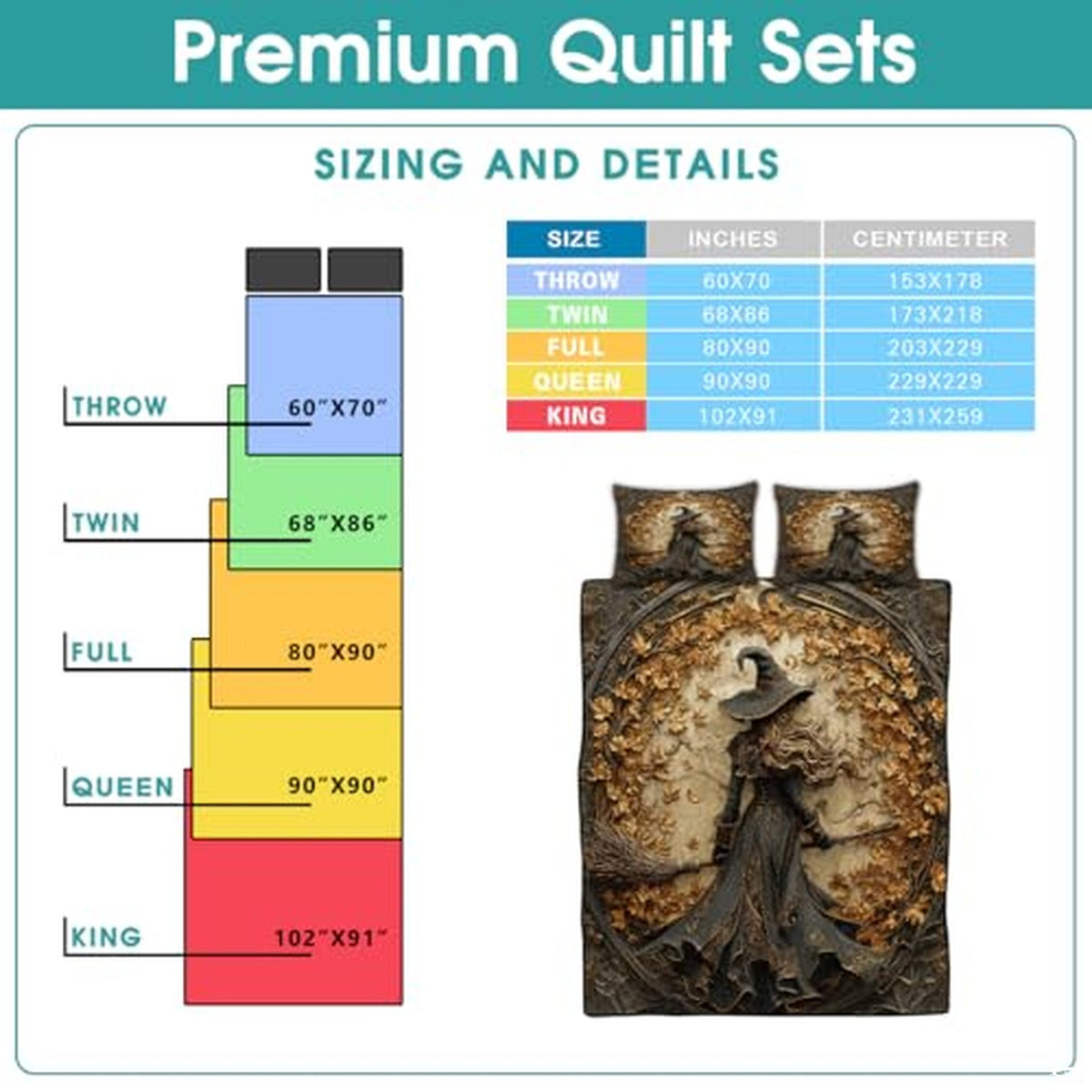 Witch Throw Quilt Set – Vintage Gothic Style Fall Bedspread for Autumn Bedroom Decor, Halloween Witch Bedding, Magical Patchwork Pattern, Soft Lightweight Twin, Full, Queen Sizes (Color 16)
